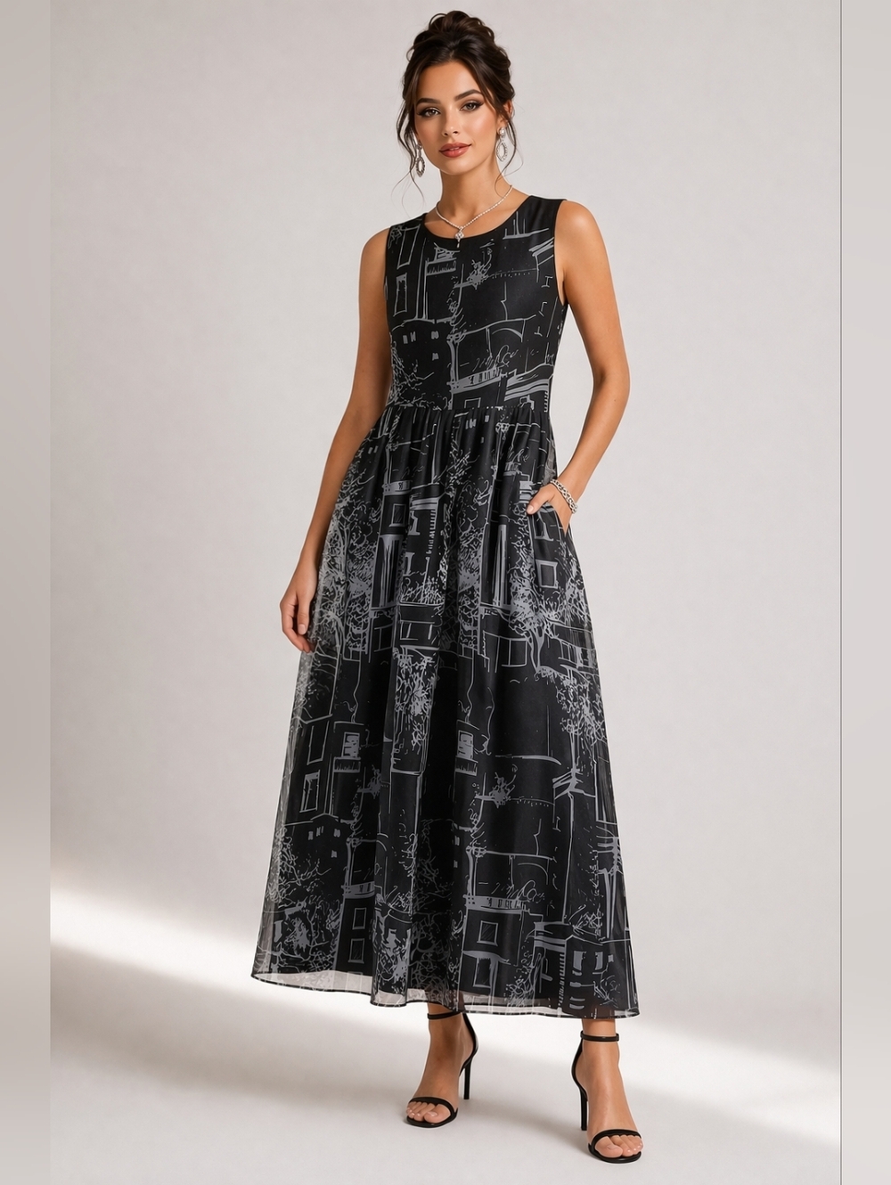 Samuel Dong Evening Maxi Dress With Graphic Print Black & White Organza